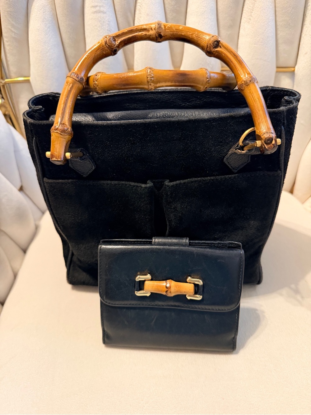 Gucci Black Suede Shoulder Bag with Bamboo Handles
